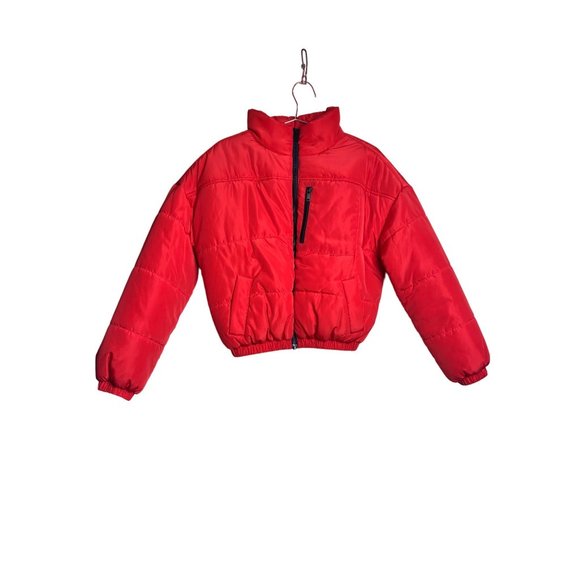 BP Jacket Womens XXS Red Full Front Zip Puffer High Neck Poinsettia Coat - Picture 2 of 6